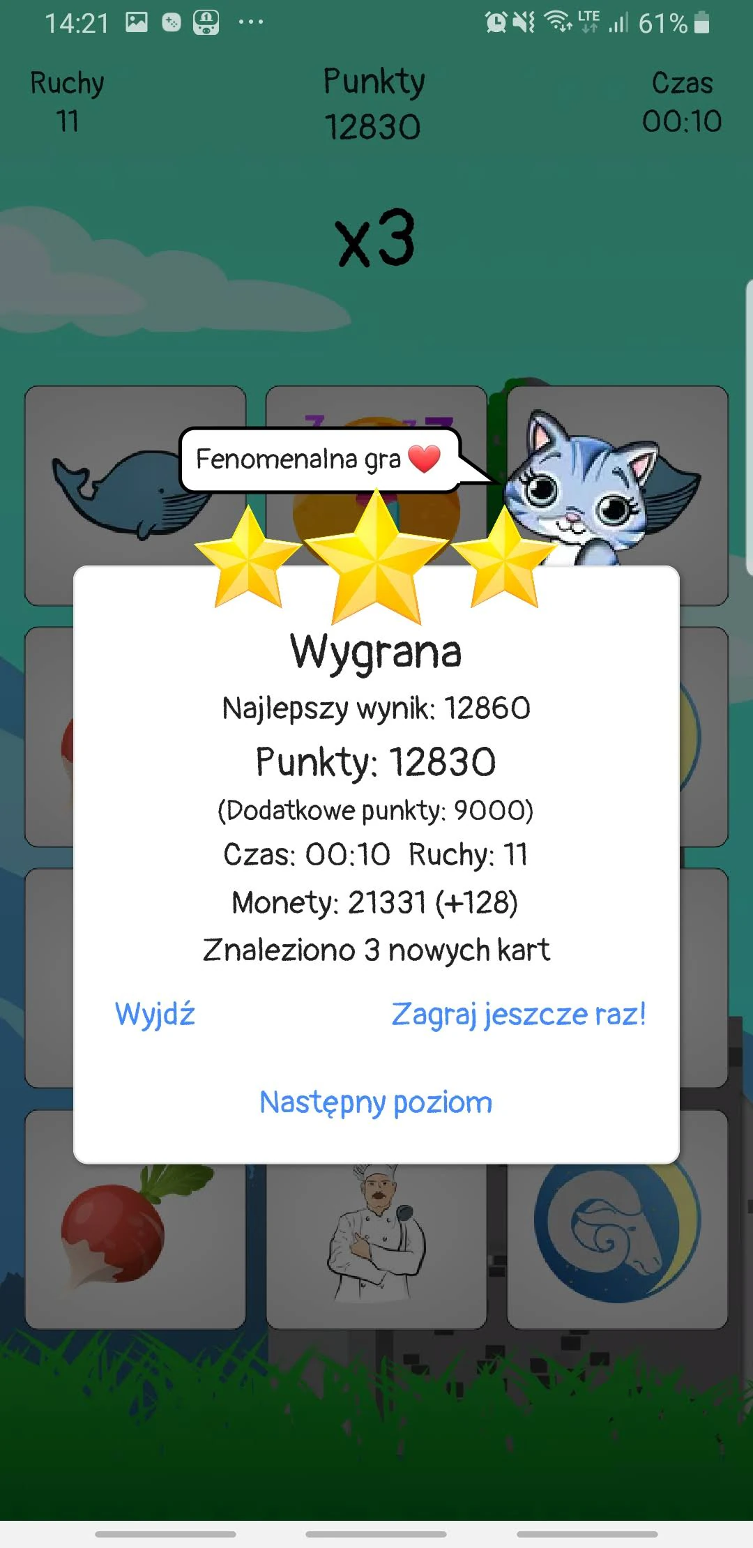 Ekran wygranej Cards Matching z wynikiem, czasem, ruchami i nowymi kartami
